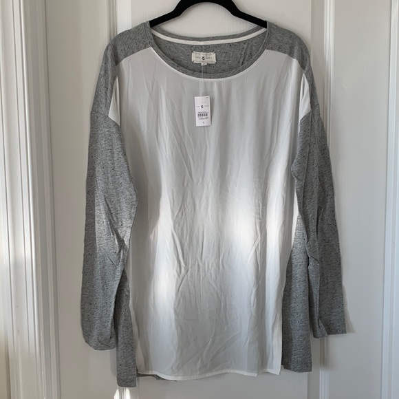 NWT LOU & GREY Mixed Materials Drop Shoulder Long Sleeves Sheer Tunic Top Size S - Picture 1 of 13